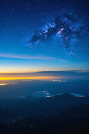 Night view of mountains, rivers and lakes under the starry skyの素材