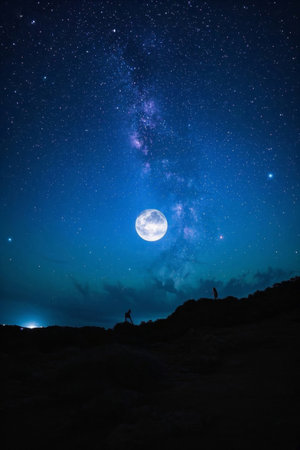 Figure silhouette landscape under the moonlit starry skyの素材