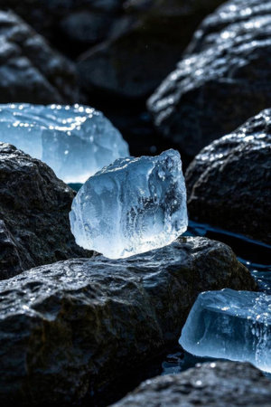 Close up of ice cubes on rocksの素材