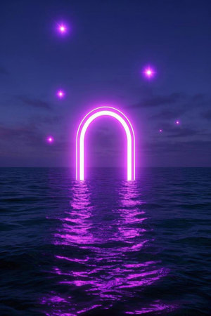 Purple luminous arch at night on the seaの素材