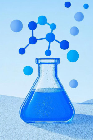 Blue Erlenmeyer flask and molecular structure imageの素材