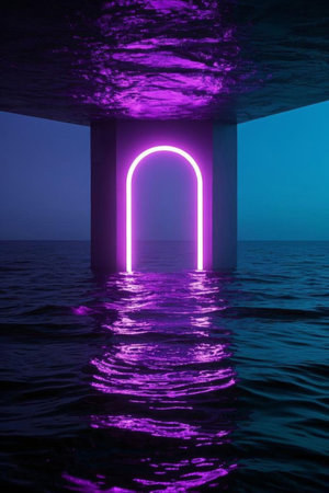 Purple neon arch landscape on the seaの素材
