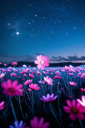 A sea of pink flowers under the starsの素材