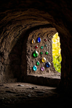 Colored gemstones are set in stone walls inside the caveの素材