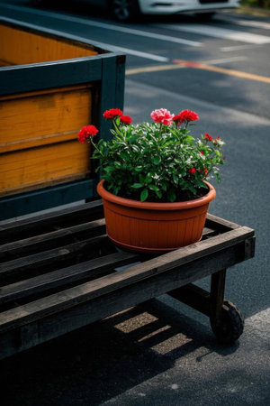 Potted flowers on a roadside wooden standの素材