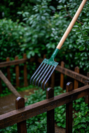 Close up of a garden rake in the gardenの素材