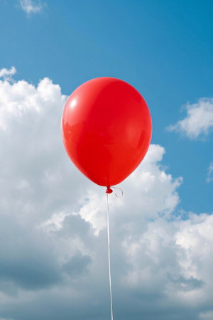 Red balloons floating in the blue sky and white cloudsの素材