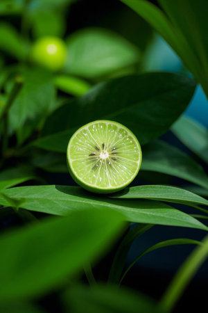 Close up of half a lime on a green leafの素材