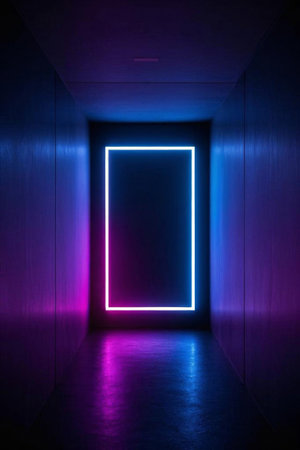 The corridor is filled with neon door frame scenesの素材