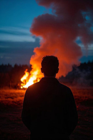 Man looks back at distant bonfire with cameraの素材