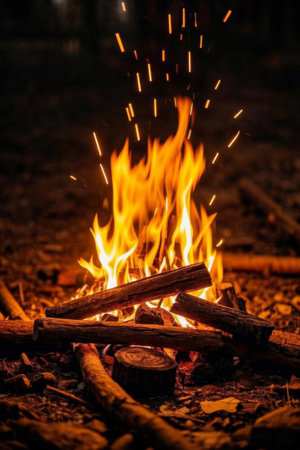 Outdoor burning campfire sceneの素材