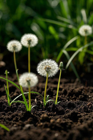 Close up of a dandelion growing in the soilの素材
