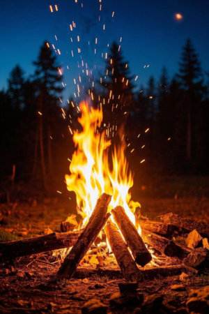 Outdoor forest bonfire sceneの素材