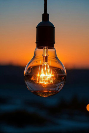 Vintage light bulb glowing in the sunsetの素材