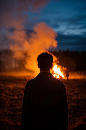 Man focuses on the back of the bonfire outside the field of view at nightの素材