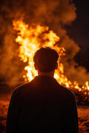 Man stares back to camera at bonfireの素材