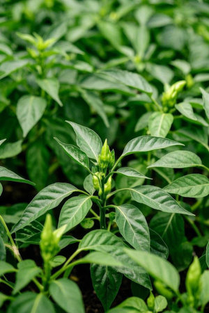 Close up of green pepper plantsの素材