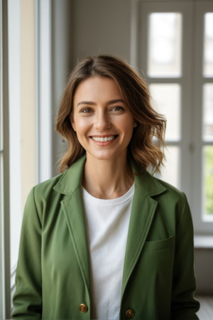 Interior portrait of smiling young womanの素材