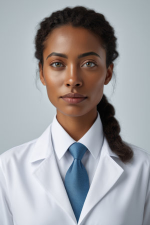 Frontal portrait of a woman in a white coatの素材