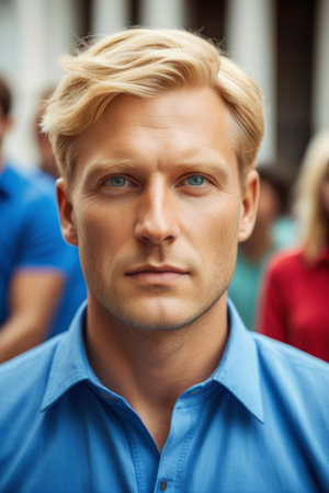 Close up portrait of a blond man outdoorsの素材