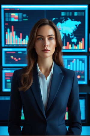 Businesswoman standing in front of data chart screenの素材