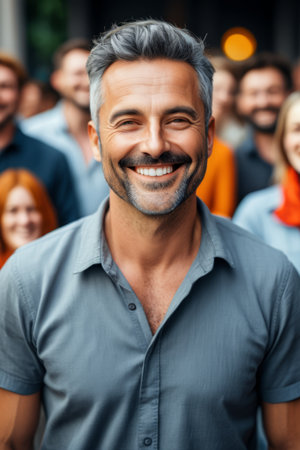 Smiling man poses for photo with crowdの素材