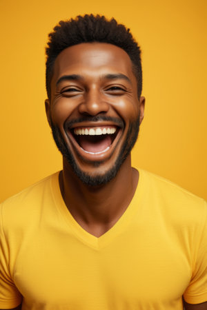 Black man in yellow laughsの素材