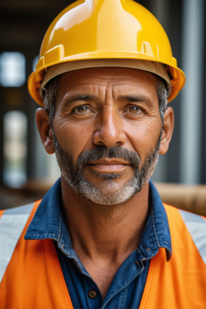Close up of a worker wearing a hard hatの素材
