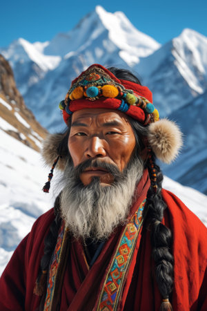 An old man in national costume in front of a snow capped mountainの素材