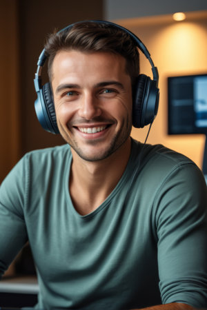 Casual man smiling with headphonesの素材