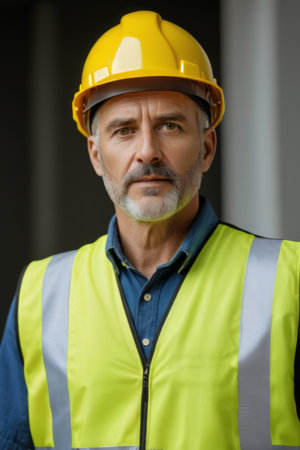Workers wearing hard hats and reflective vestsの素材