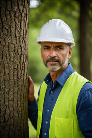 The scene where the hard hat worker relies on the tree trunkの素材