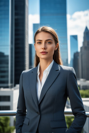 Portrait of a business woman in front of a city backgroundの素材