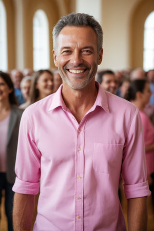 Close up of man smiling in pink shirtの素材