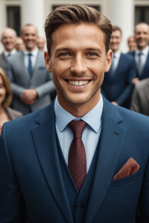 Smiling business man poses for a photo with his teamの素材