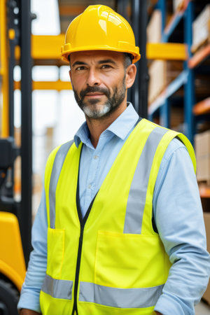Warehouse workers wearing reflective vests and hard hatsの素材