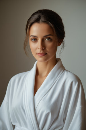 Portrait of young woman in bathrobeの素材