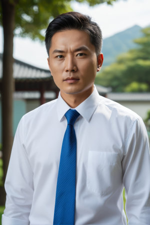 Asian man wearing shirt and tie outdoorsの素材