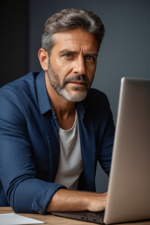 Middle aged man uses laptop computer intentionallyの素材