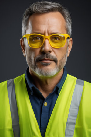 Portrait of a man wearing a reflective vest and yellow glassesの素材