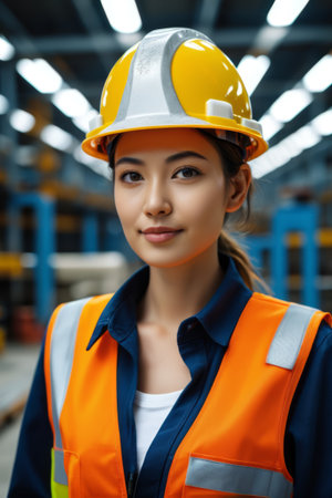 Portrait of female factory worker wearing hard hatの素材