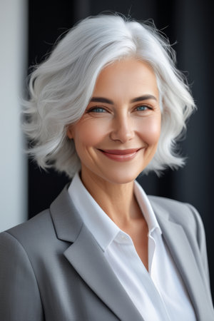 Portrait of smiling silver haired working womanの素材
