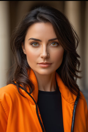 Close up of a woman in an orange coatの素材