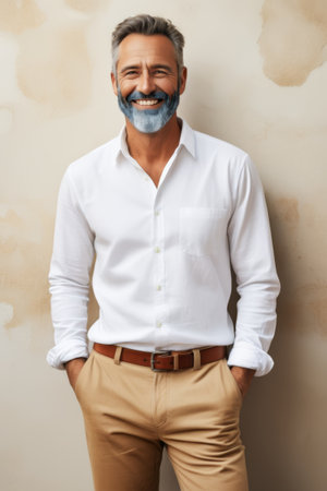 Mature man smiling in white shirtの素材