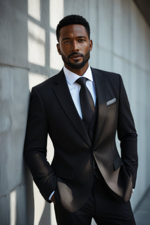 Black man standing against a wall in a suitの素材