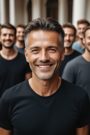 Close up of the smiling man and the crowd behind himの素材