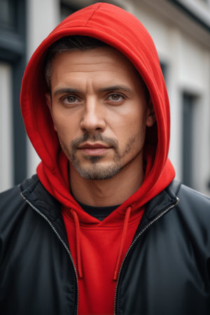 Close up of a man in a red hoodieの素材