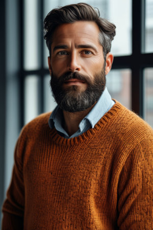 Close up of the man's face in a sweaterの素材