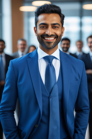 Smiling business man in blue suitの素材