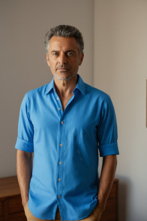Standing portrait of mature man in blue shirtの素材